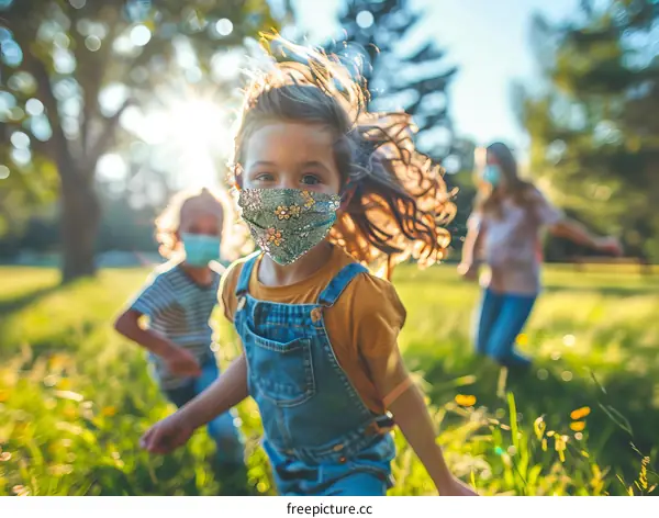 Family wearing mask playing in the park during COVID-19 pandemic