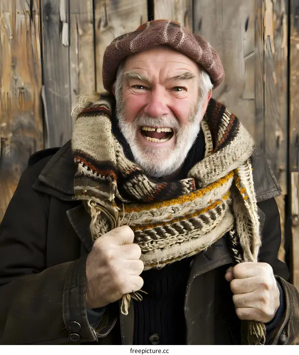 Angry Senior Man With White Beard Wearing Brown Knit Hat and Scarf