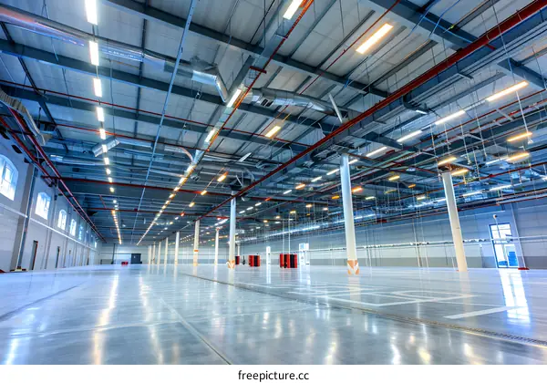 Empty Modern Warehouse Interior With Bright Lights And High Ceiling