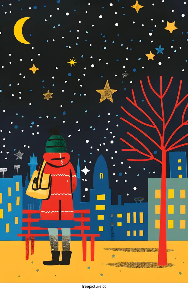 Night Sky with Person Sitting on a Bench in a City