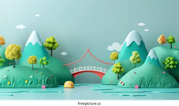 Cartoon illustration of a whimsical landscape with rolling hills, a bridge, and a river in a bright and colorful setting.