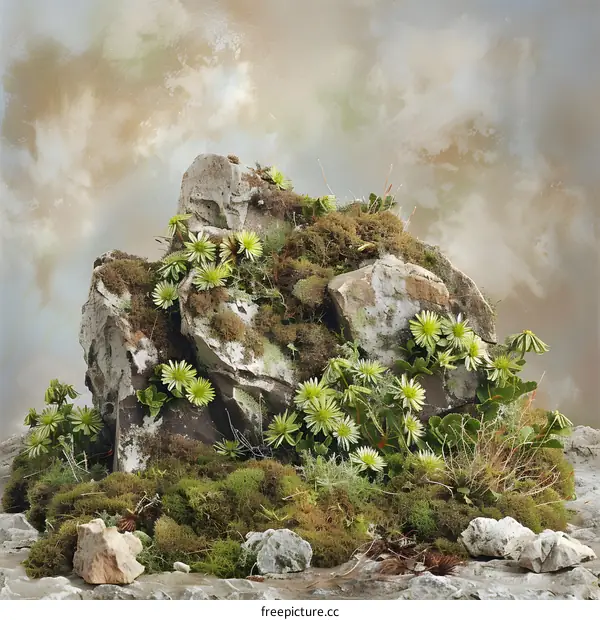 Closeup of Green Moss and Rocks with a Blurred Background