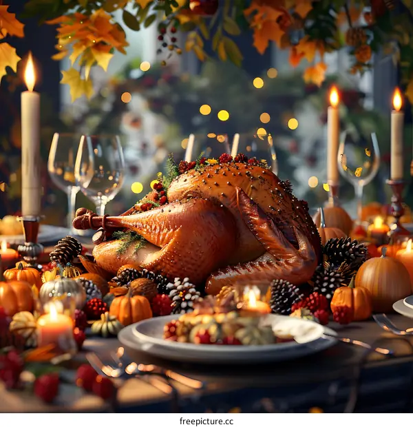 Thanksgiving dinner table with roasted turkey