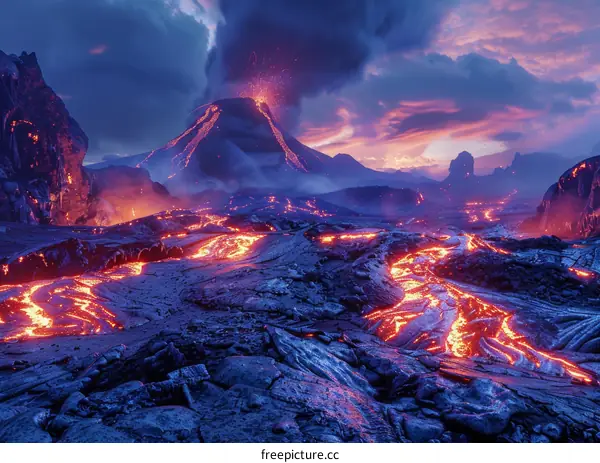 Lava from the volcano flows down the mountainside during an eruption