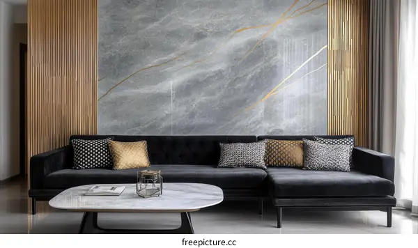 Modern Living Room with Gray Marble Wall and Black Sofa