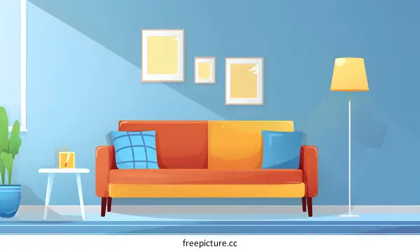 Cartoon Illustration of a Living Room Interior Design with Sofa, Lamp and Pictures