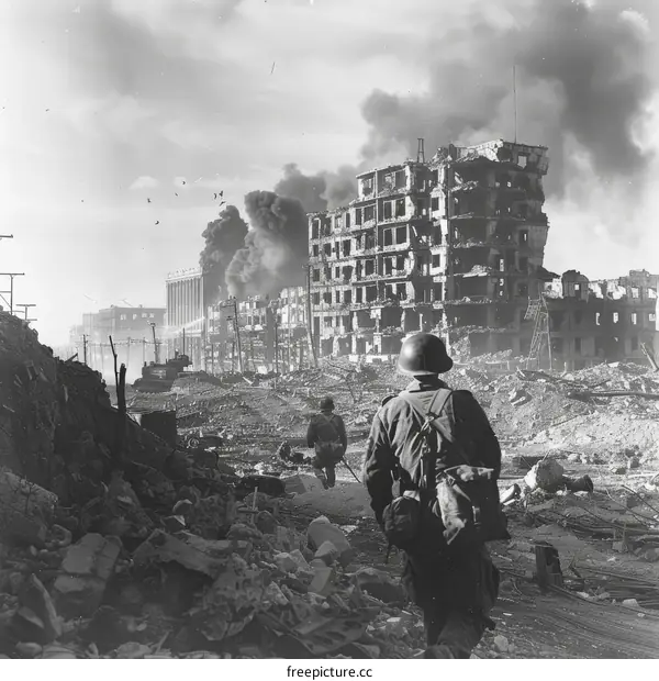 Two soldiers walking through a destroyed city during World War II