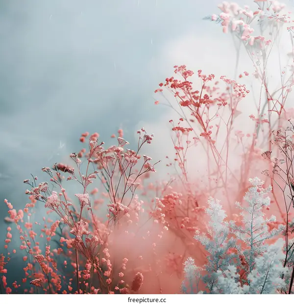 Pink And Blue Wildflowers In Fog