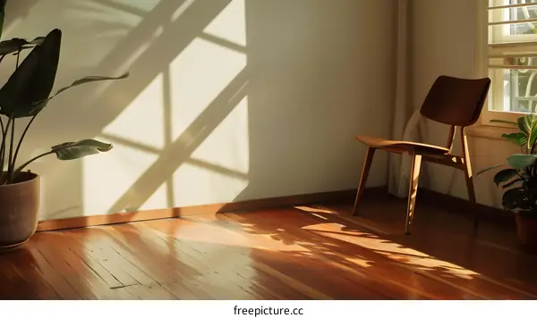 Sunlight Streaming Through Window in Empty Room with Chair and Plant