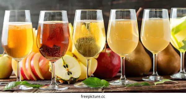 Apple and Pear Cider in Wine Glasses with Fresh Fruit