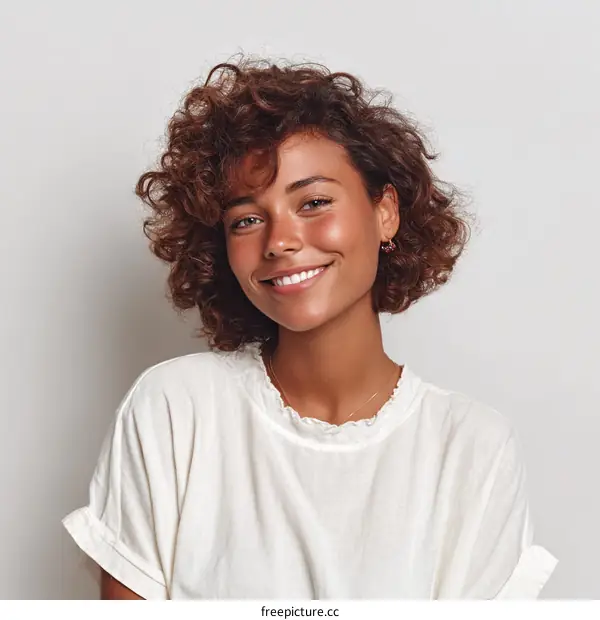 Smiling Woman with Curly Hair in a White T-shirt