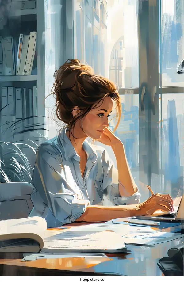 A woman is working on her laptop in an office.