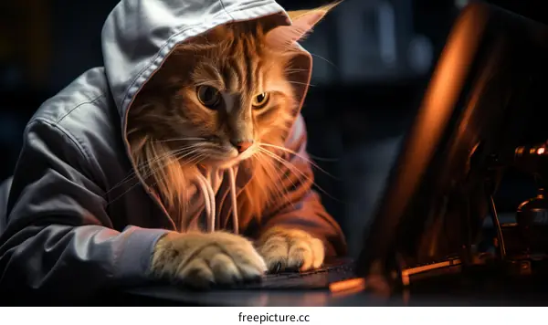 Cat in a hoodie looking at a computer screen