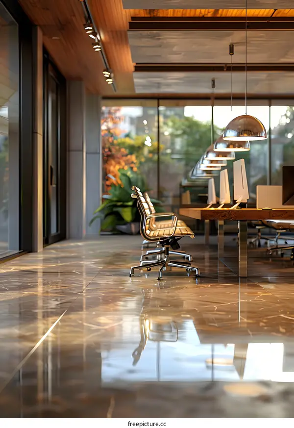 Modern Office Interior Design With Marble Floor and Wood Ceiling