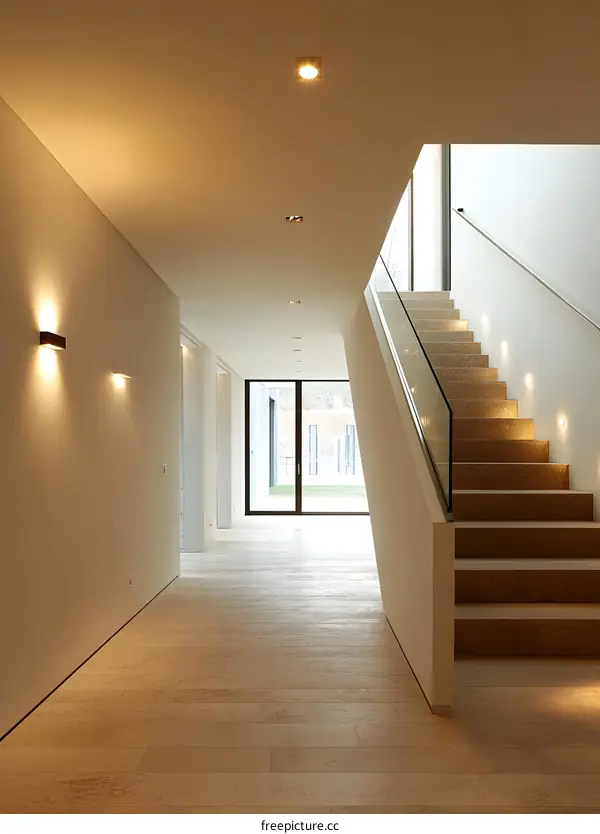 Modern Minimalist Interior Design with Staircase and Glass Railing