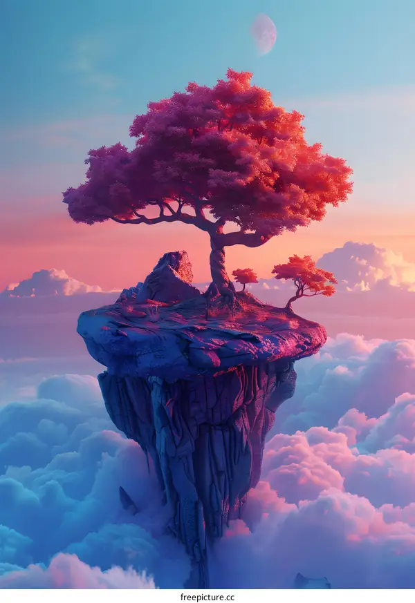 Pink Tree on a Floating Island in the Sky