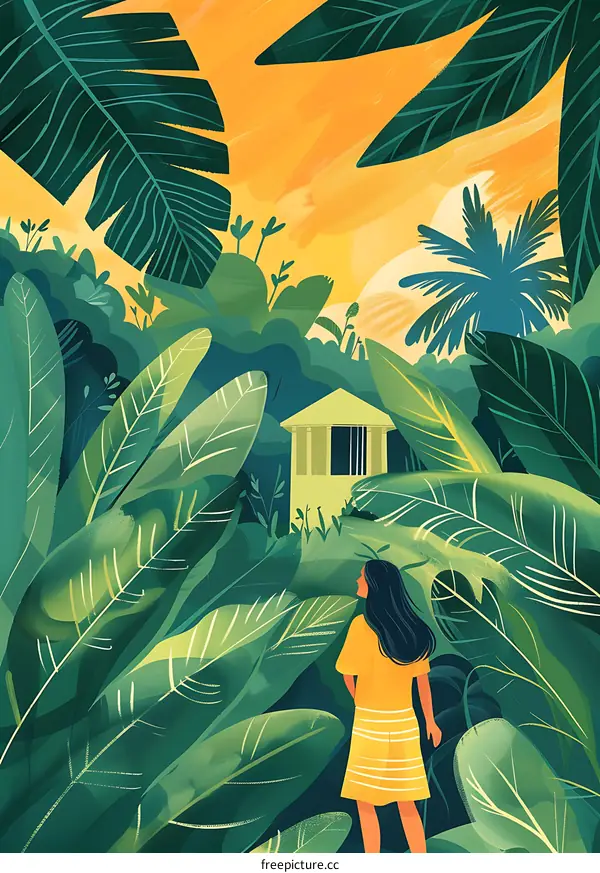 Woman in Yellow Dress Standing in Lush Tropical Jungle