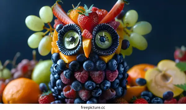 A whimsical owl made of fruits and berries