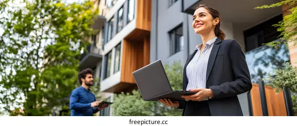 Smiling Businesswoman Holding Laptop Outside Modern Building
