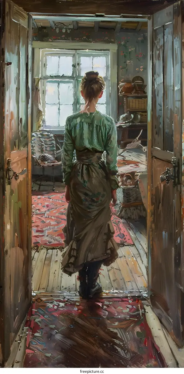 A woman standing in a doorway looking out at the snow