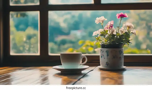 A Cup of Coffee by the Window with Flowers in a Pot