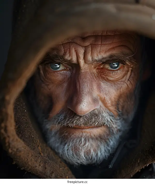 portrait of an old man with a beard and a hood