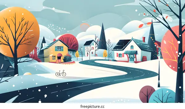 Snowy Winter Village Landscape Illustration