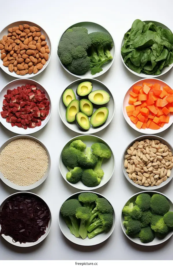 Various healthy food ingredients arranged in white bowls on a white background