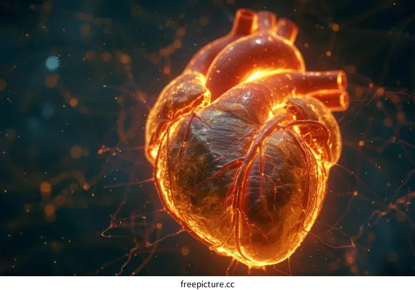 A 3D illustration of a human heart with a glowing effect