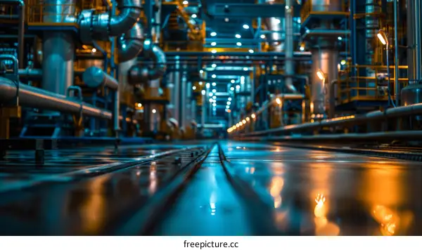 Industrial Plant Interior with Blue and Yellow Lighting