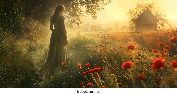 Young woman standing in a field of red flowers