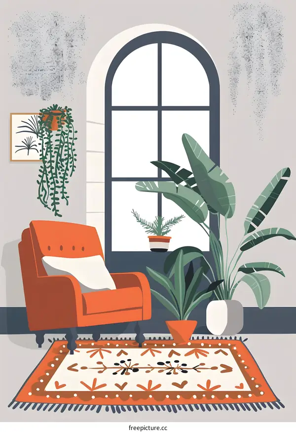 Living Room with Orange Armchair and Plants