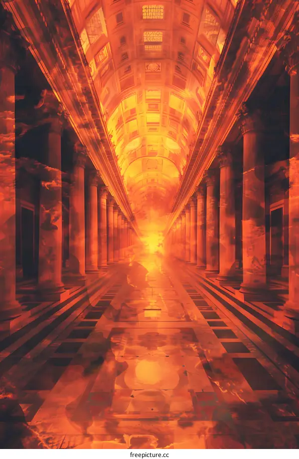 Hallway of Columns Leading to Bright Light with Clouds Background