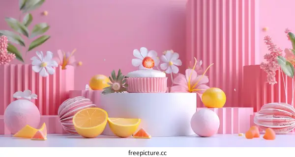 Pink Aesthetic Food Display with Cupcakes and Fruits