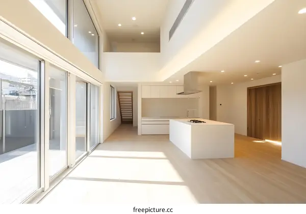 Modern Minimalist Kitchen Interior Design with Large Windows and Natural Light