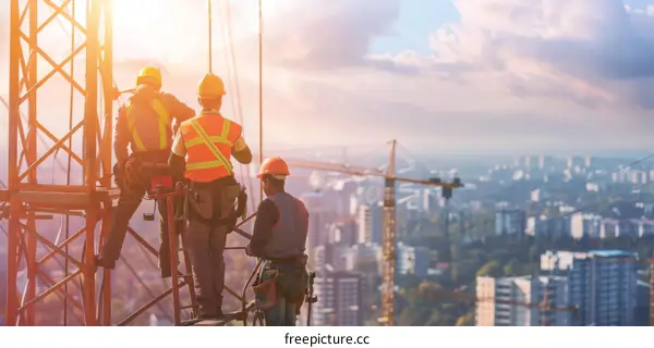 Three construction workers on a building under construction