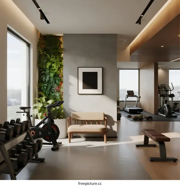 Modern fitness room with green wall and exercise equipment