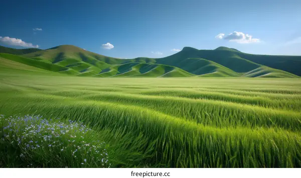 Green rolling hills of wheat field with blue sky and white clouds