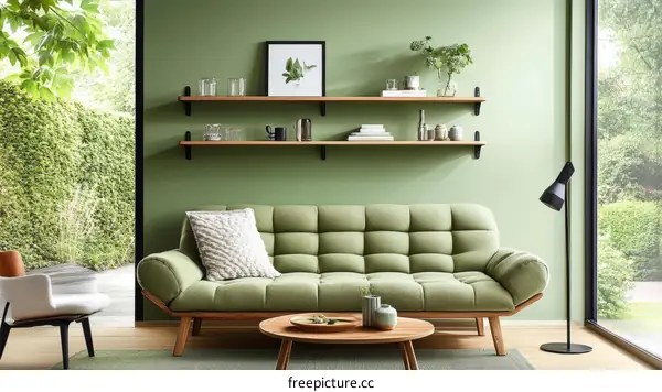 Modern Green Living Room with Wooden Shelving