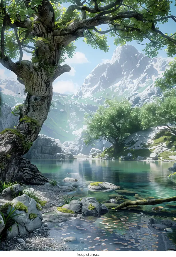 Fantasy landscape with mountains, lake and trees