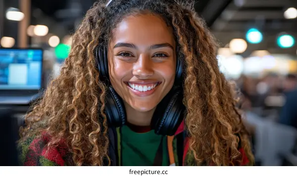 Smiling young woman with headphones on