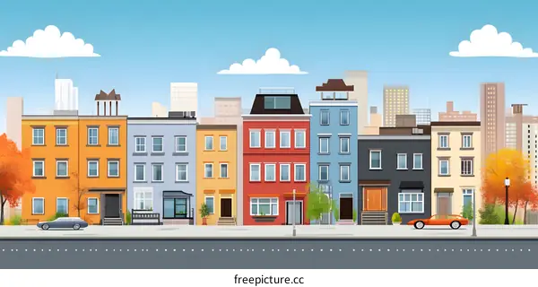 Colorful Cityscape with Row of Houses and Cars