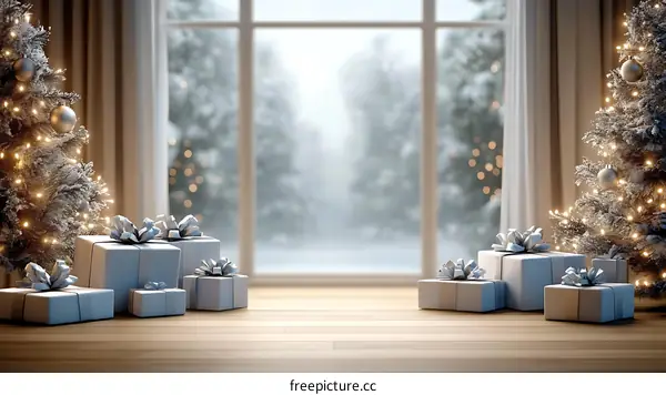 Christmas Interior Scene with Presents and Trees