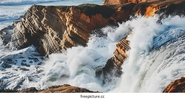 Ocean Waves Crashing Against Rocky Cliffs