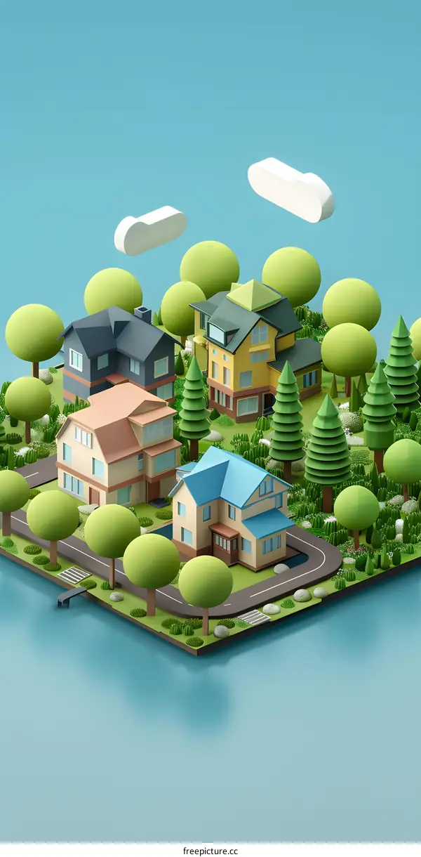 Low Poly Illustration of a Cityscape with Houses and Trees