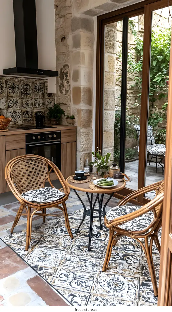 Rustic Kitchen with Patio View and Wicker Chairs