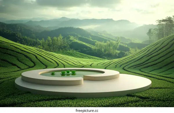 Peaceful Tea Plantation Landscape with Circular Platform