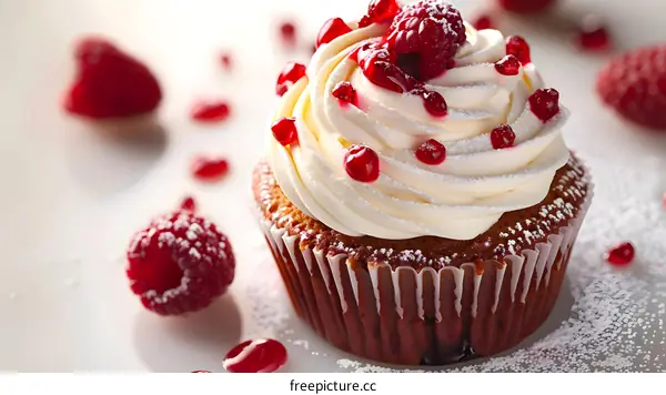 A delicious cupcake with raspberries and cream cheese frosting