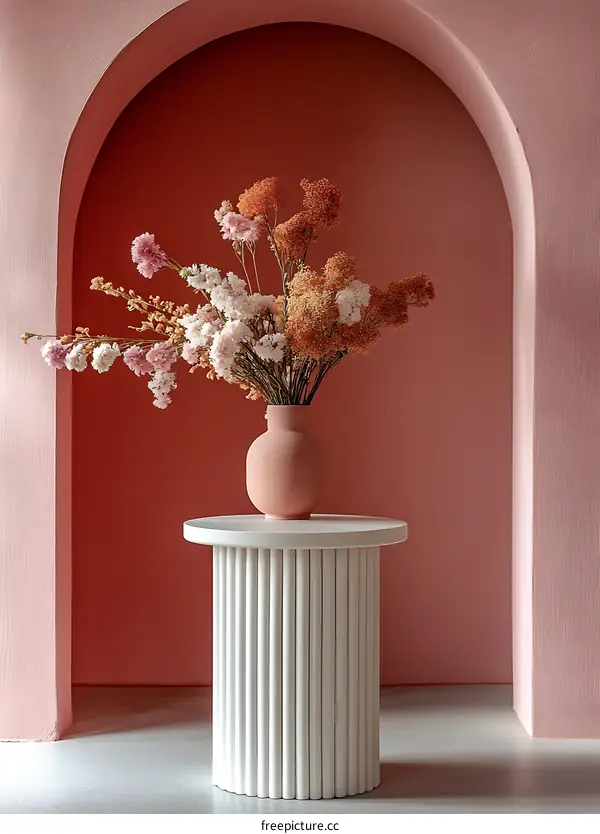 Dried Flower Arrangement In Vase On Table With Archway