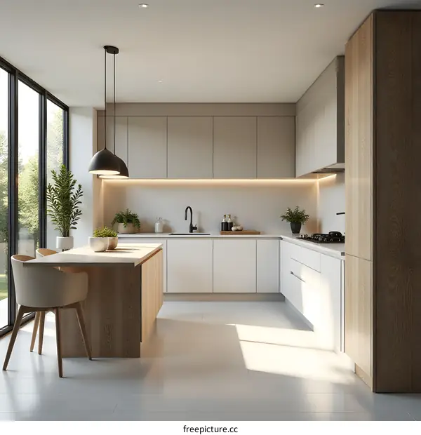 Modern Kitchen Interior Design With White Cabinets And Wooden Island